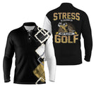 Polo golf manches longues unisexe humour Stress, design all-over noir balle dorée éclaboussée