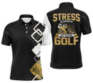 Polo golf humour noir et or avec lettrage Stress Is Caused By Not Playing Golf et motif argyle losanges