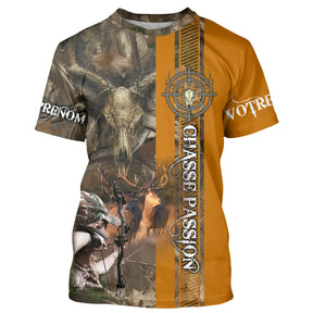 T-shirt chasse cerf passion camouflage orange avec scène chasseur agenouillé et cerf, lettrage Chasse Passion central