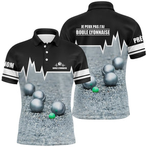 Polo boule lyonnaise homme noir blanc humour j'peux pas devant boules sol gravillonné prénom manche personnalisé