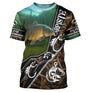 T-shirt carpiste camouflage vert brun avec carpe sautant et crâne décoratif, lettrage Carpiste J'peux pas j'ai pêche