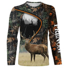 T-shirt chasse cerf clairière vue de face design feuillages bruns et ocre, coupe unisexe personnalisable chasseur