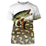 T-shirt pêche brochet all-over peau écaillée gris-vert tachetée motif brochet vert roux en attaque prénom personnalisé
