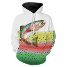 Sweat capuche pêche truite all-over peau écaillée multicolore motif truite arc-en-ciel rose jaune vert prénom personnalisé