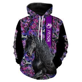 Sweat cheval Frison femme all-over fond floral rose violet motif Frison noir longs crins ondulants prénom personnalisé