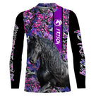 T-shirt cheval Frison femme all-over fond floral rose violet motif Frison noir cavalière prénom personnalisé