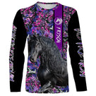 Sweat zippé cheval Frison femme all-over fond floral violet rose motif Frison noir longs crins prénom personnalisé