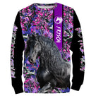 Sweat capuche Frison femme all-over fond rose violet motif cheval Frison noir cavalière prénom personnalisé floral