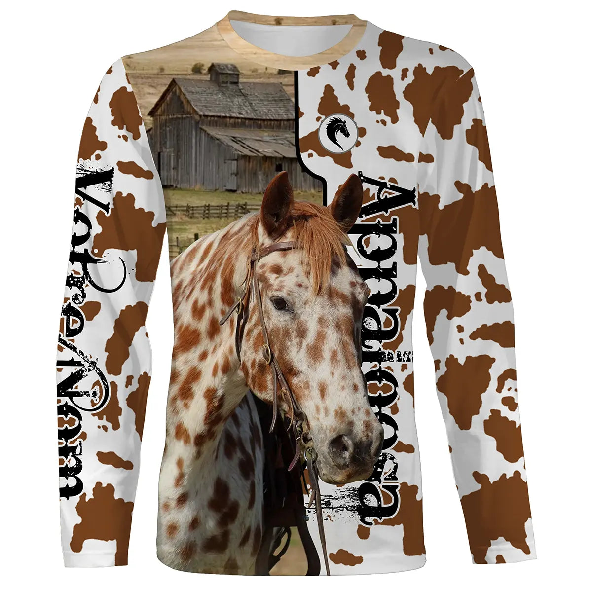 Sweat zippé cheval Appaloosa all-over fond peau vache motif Appaloosa moucheté blanc alezan prénom personnalisé