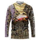 Sweat UV à capuche pêche truite arc-en-ciel camouflage écailles violet doré prénom personnalisé, vue de face
