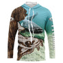 Sweat UV à capuche pêche silure à la bouée bleu turquoise camouflage écailles prénom personnalisé, vue de face