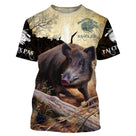 T-shirt chasse sanglier camouflage marron foncé avec sanglier sur souche et lettrage J'peux pas j'ai chasse