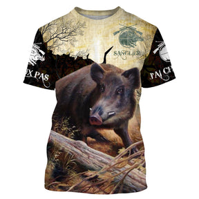 T-shirt chasse sanglier camouflage marron foncé avec sanglier sur souche et lettrage J'peux pas j'ai chasse
