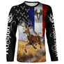 T-shirt chasse cerf France en course vue de face design patriotique tricolore, coupe unisexe personnalisable