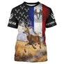 T-shirt chasse cerf drapeau France central avec cerf à grand bois en course et crâne de cerf en bandeau, prénom imprimé