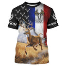 T-shirt chasse cerf drapeau France central avec cerf à grand bois en course et crâne de cerf en bandeau, prénom imprimé