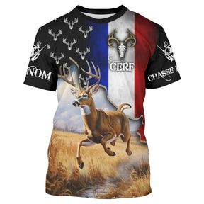 T-shirt chasse cerf drapeau France central avec cerf à grand bois en course et crâne de cerf en bandeau, prénom imprimé