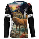 T-shirt chasse cerf vue de face design all-over crépuscule montagne, coupe unisexe personnalisable au prénom