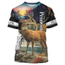 T-shirt chasse cerf coucher de soleil noir orangé violet avec cerf à grand bois et crâne en bandeau, prénom imprimé central