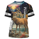 T-shirt chasse cerf coucher de soleil noir orangé violet avec cerf à grand bois et crâne en bandeau, prénom imprimé central