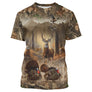 T-shirt all-over chasse cerf ramure et trio dindons sauvages camouflage forêt automne, vue de face