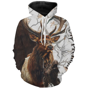 Sweat capuche chasse cerf all-over camouflage neige motif cerf majestueux aux bois imposants prénom personnalisé