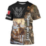 T-shirt chasse cerf France avec drapeau français tricolore au-dessus de cerf et faon en clairière sur fond camouflage brun
