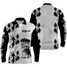Polo golf femme cintré all-over damier diamant noir blanc motif squelette golfeur swing prénom personnalisé