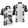 Polo golf homme femme all-over damier diamant noir blanc motif squelette golfeur swing club balle golf prénom personnalisé