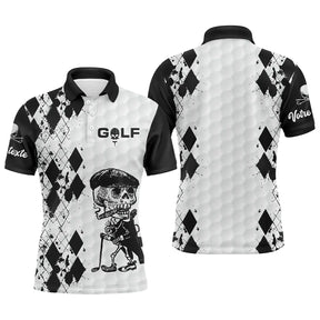 Polo golf homme femme all-over damier diamant noir blanc motif squelette golfeur swing club balle golf prénom personnalisé
