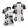 Polo golf homme all-over damier noir blanc motif squelette golfeur Reaper club balle prénom personnalisé golfeur