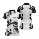 Polo golf homme all-over damier noir blanc motif squelette golfeur Reaper club balle prénom personnalisé golfeur