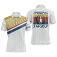 Polo golf homme vintage blanc rayures rétro jaune bleu rouge épaule slogan J'peux Pas J'ai Golf silhouette golfeur