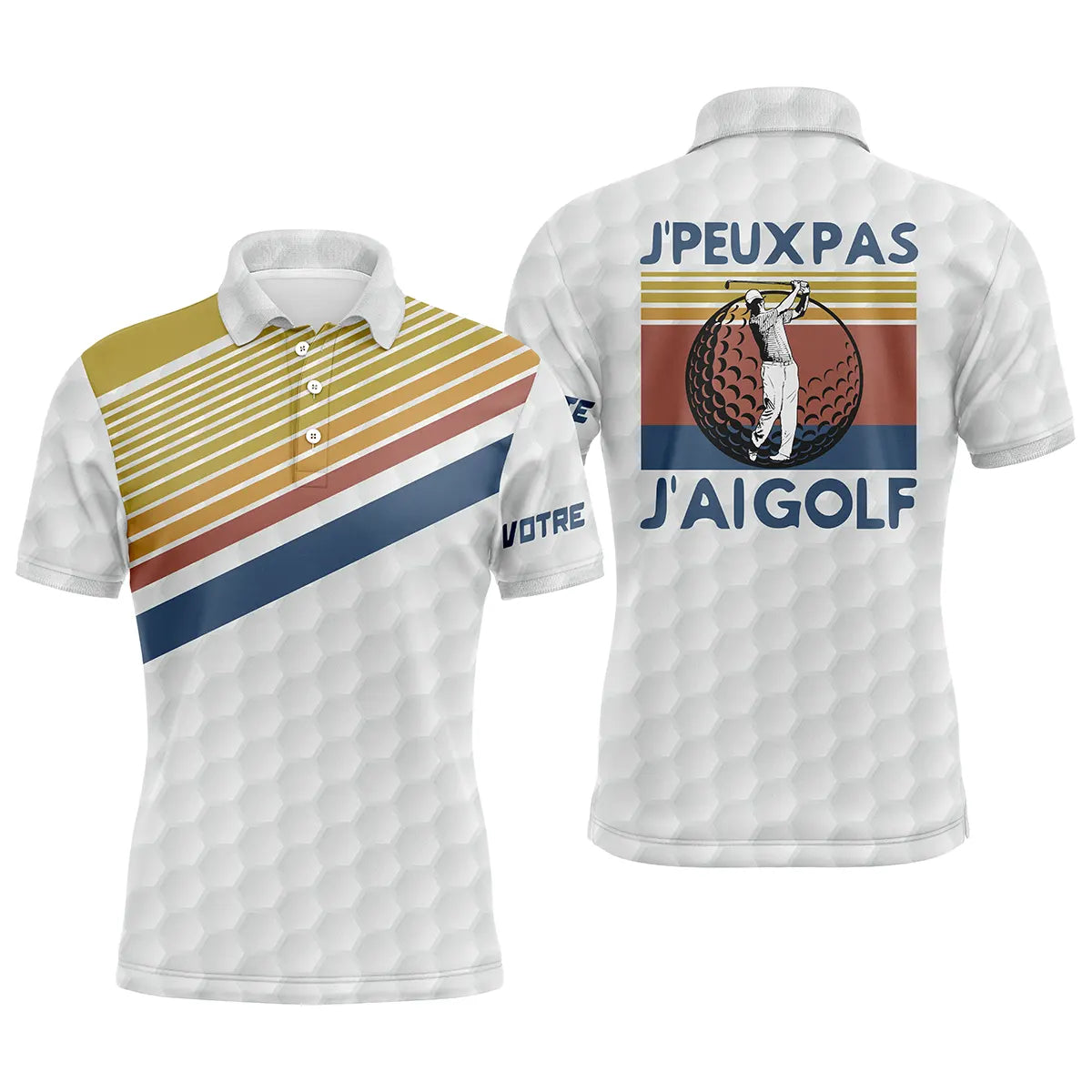 Polo golf homme vintage blanc rayures rétro jaune bleu rouge épaule slogan J'peux Pas J'ai Golf silhouette golfeur