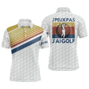 Polo golf homme vintage blanc rayures rétro jaune bleu rouge épaule slogan J'peux Pas J'ai Golf silhouette golfeur