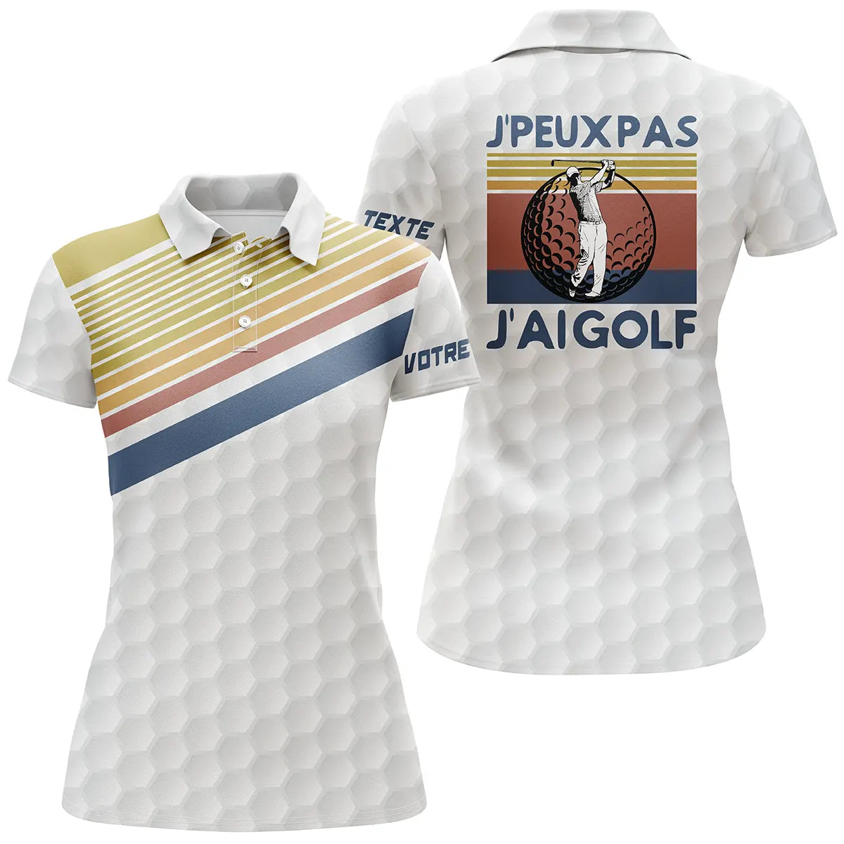 Polo golf femme vintage blanc rayures jaune beige bleu rouge épaule slogan J'peux Pas J'ai Golf prénom personnalisé