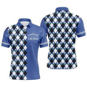 Polo golf homme bleu royal motif argyle losanges blanc noir slogan central J'peux Pas J'ai Golf séchage rapide