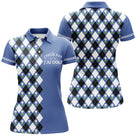 Polo golf femme bleu argyle losanges blanc noir slogan J'peux Pas J'ai Golf coupe cintrée tissu respirant
