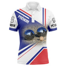 Polo pétanque tricolore homme avec drapeau français bleu blanc rouge, boules sur sable et cochonnet, prénom personnalisé