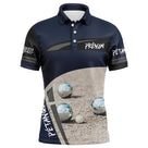 Polo pétanque bleu marine homme élégant avec boules de pétanque sur sable et inscription PÉTANQUE, prénom personnalisé