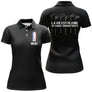Polo golf tricolore vue de face design noir avec blason silhouette, coupe homme et femme disponibles personnalisable