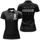Polo golf tricolore vue de face design noir avec blason silhouette, coupe homme et femme disponibles personnalisable
