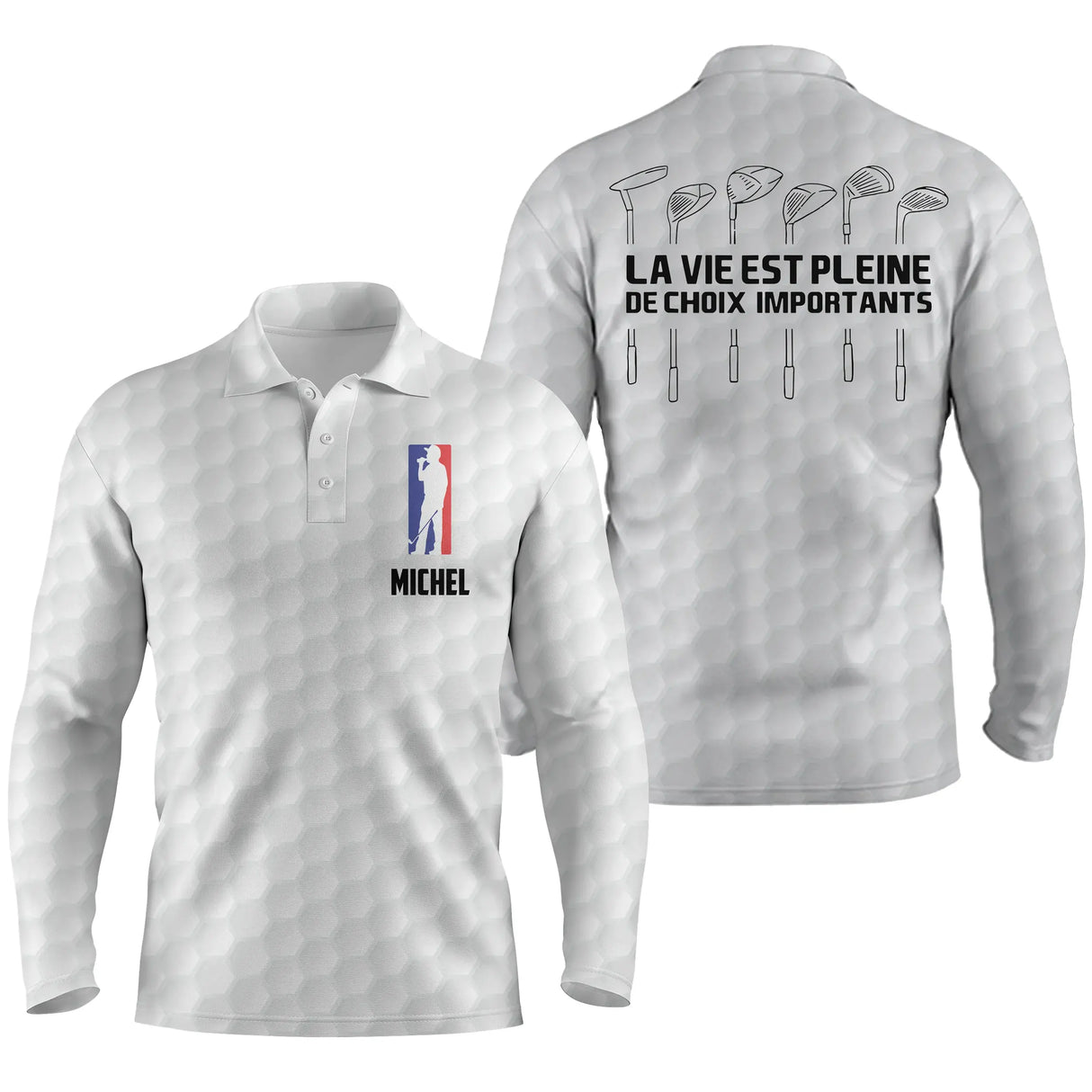 Polo golf humour vue de dos slogan choix importants et cliques alignés, vêtement de sport pour golfeur licencié