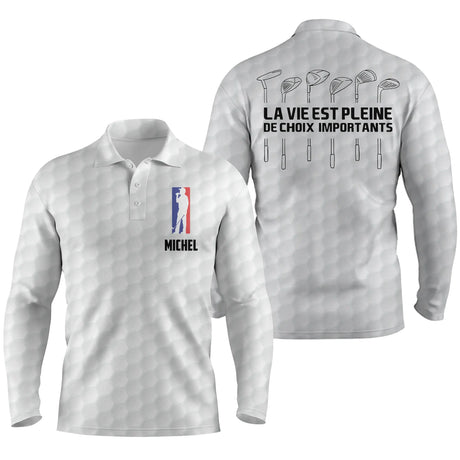 Polo golf humour vue de dos slogan choix importants et cliques alignés, vêtement de sport pour golfeur licencié