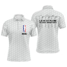Polo de golf noir avec slogan La vie est pleine de choix importants au dos et silhouette tricolore golfeur au front, prénom