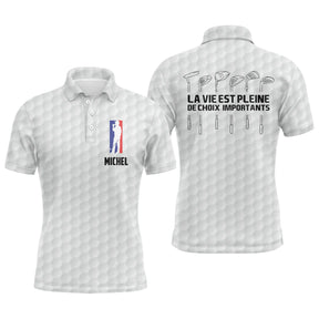 Polo de golf noir avec slogan La vie est pleine de choix importants au dos et silhouette tricolore golfeur au front, prénom
