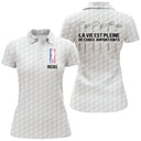 Polo golf noir vue de face silhouette tricolore golfeur et prénom brodé, coupe homme et femme personnalisable