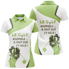 Polo golf vert vue de face design bicolore vert et blanc, coupe homme et femme disponibles humour golfeur