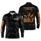 Polo golf humour vue de dos slogan thérapie golf en orange vif sur noir, vêtement de sport pour golfeur passionné