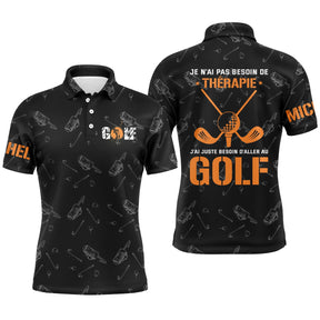 Polo de golf noir avec slogan Je n ai pas besoin de thérapie j ai besoin de golf en orange et cliques croisés au dos